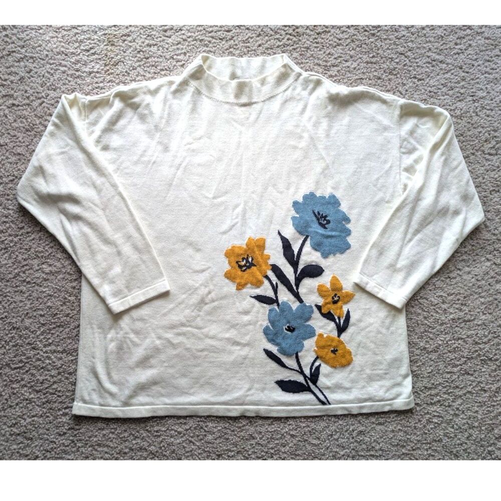 Talbots Ivory Lightweight Floral Mock Neck Knit 3/4 Sleeve Sweater Sz L